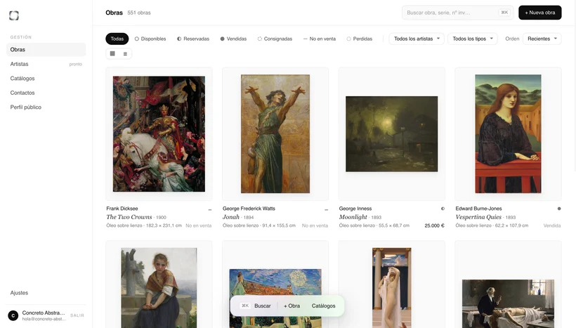El archivo de obra: rejilla de cuadros con su artista, año, técnica, medidas y precio; a la izquierda el menú de módulos.